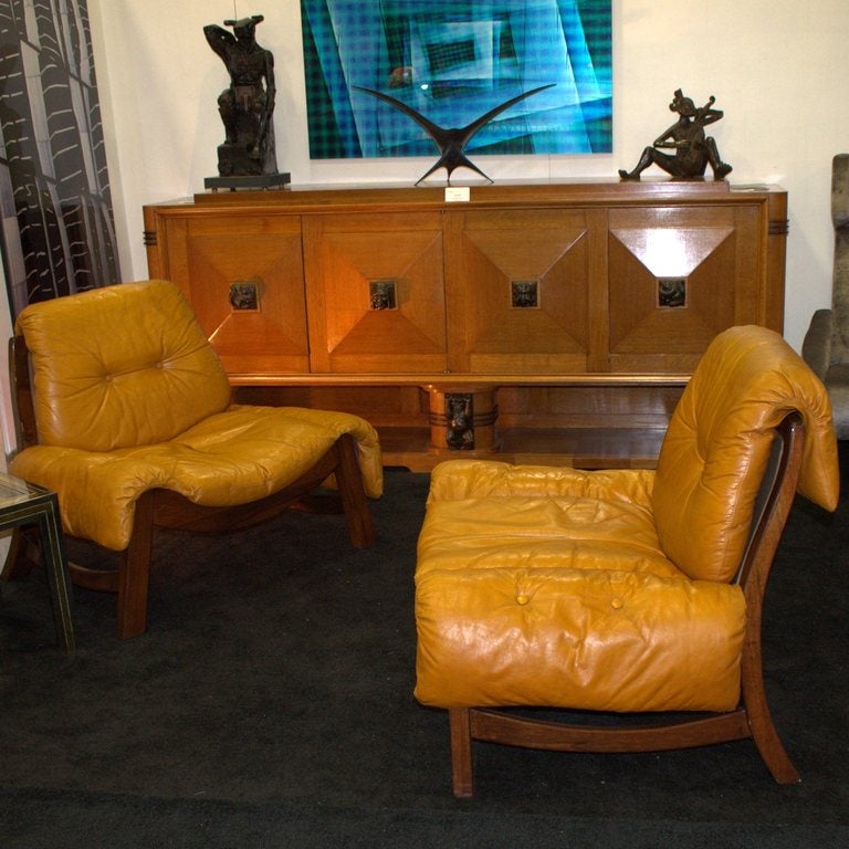 Mid-Century Modern in the St of Percival Lafer Pair of Tropical wood and leather Armchairs