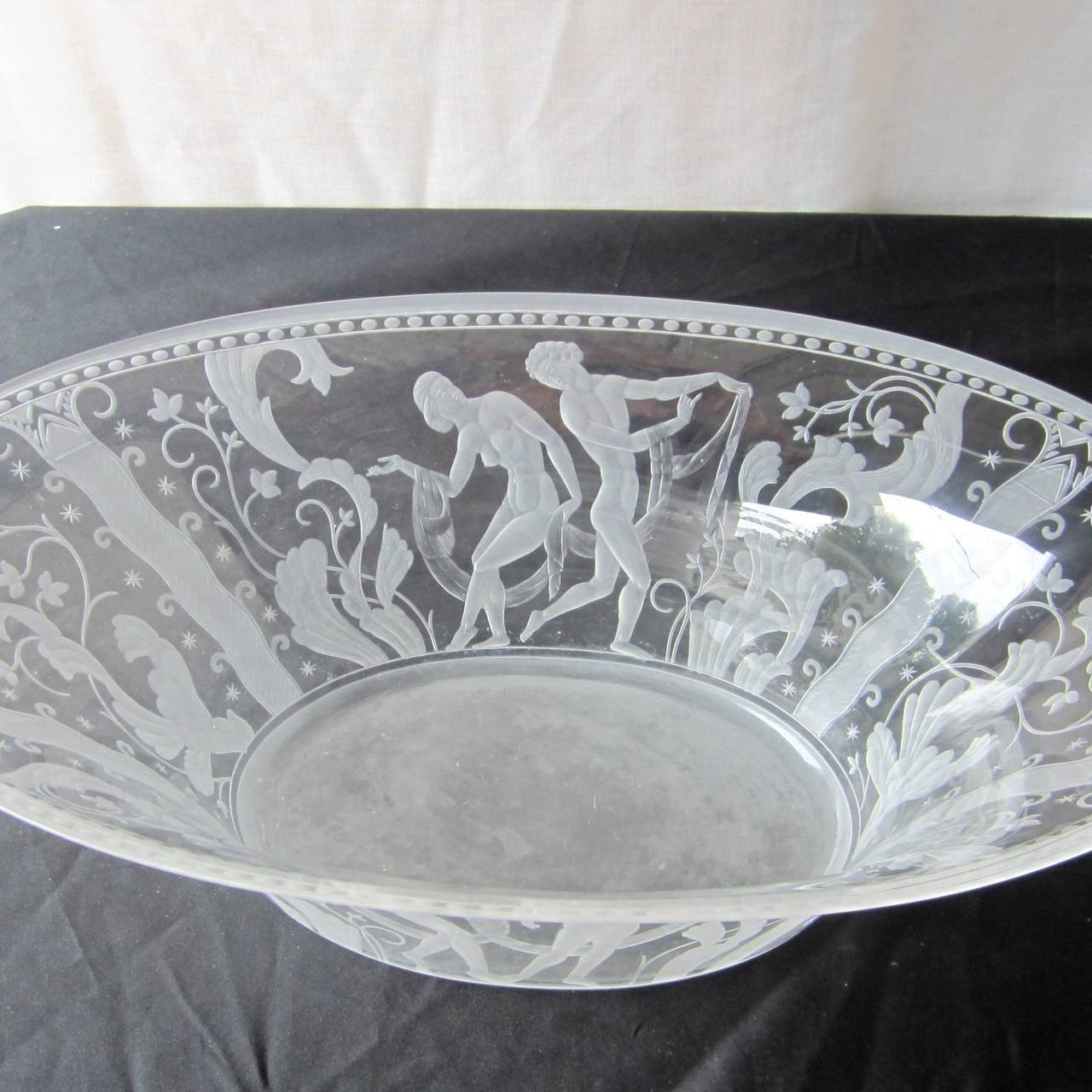 Swedish Rare  1926 Art Deco Orrefors Centerpiece Crystal  Glass Bowl and Under Plate