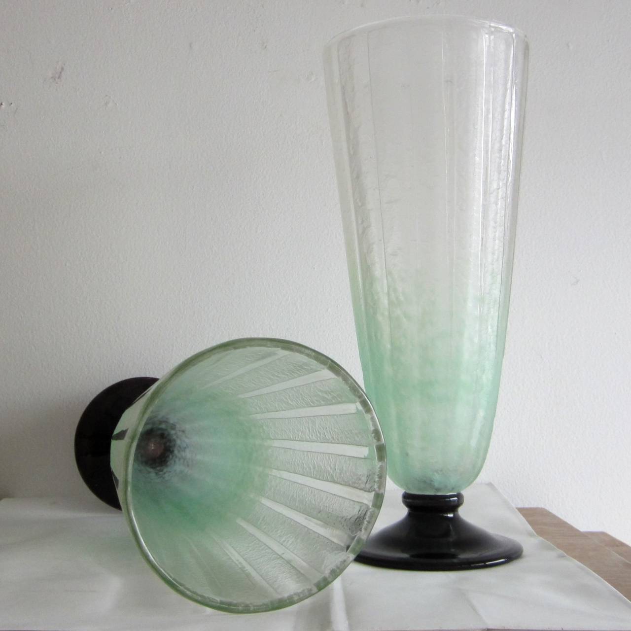 French Pair of Art Deco Pale Green Frosted Glass Vases by Schneider