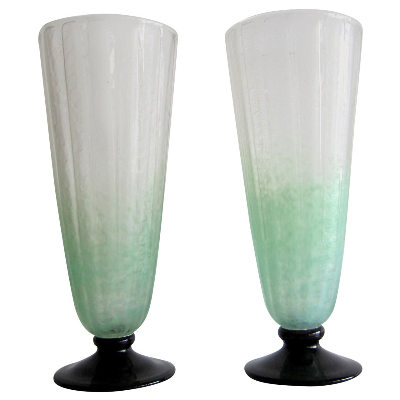 Pair of Art Deco Pale Green Frosted Glass Vases by Schneider