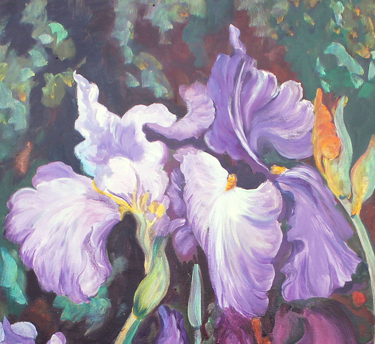 The subject of the painting are Iris  in the soft breeze of the garden, very refined vibrations of the colors for Nature's Lovers .
 dance of the light on the fragil petals. Tranparencies  by glacis technic.  Contemporary Artist. References on Art