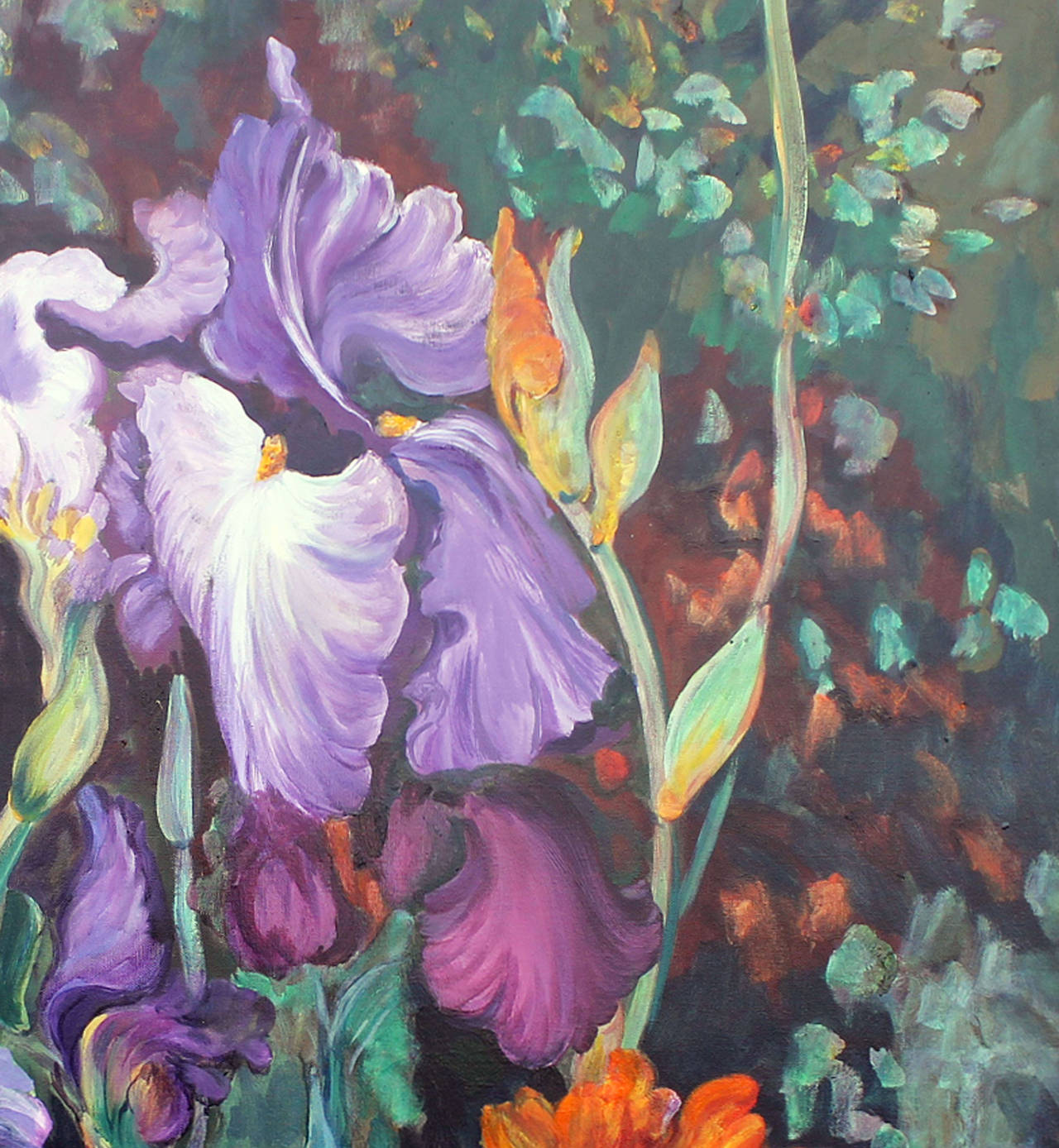 French Oil painting on Canvas Iris Garden Signed E. Ballestra Contemporary Artist For Sale