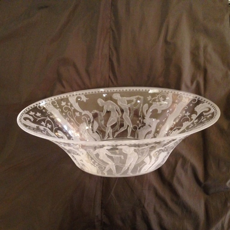Etched Rare  1926 Art Deco Orrefors Centerpiece Crystal  Glass Bowl and Under Plate