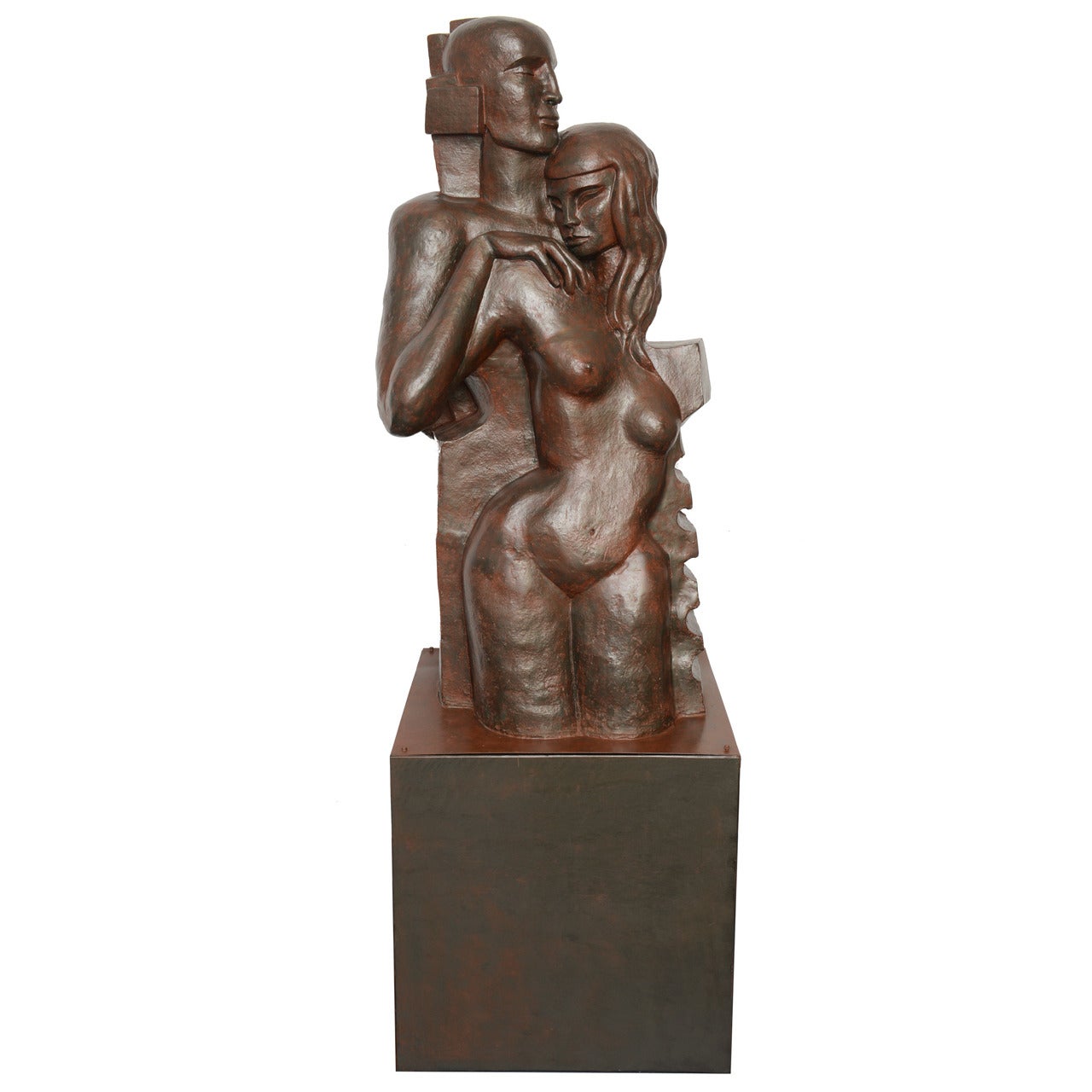 Zeitgenössisches Kunstwerk MARIKO „Couple“ Sandstein-Skulptur im kubistischen Stil