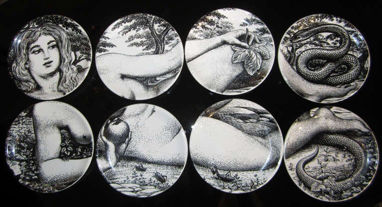 Complete 8 pieces set of small porcelain plates by Piero Fornasetti representing EVA from his collection ADAMO ED EVA.
