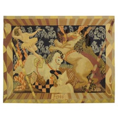 Mid-Century Modern signed Tapestry, Circus Theme, Horses and Dancers Figures
