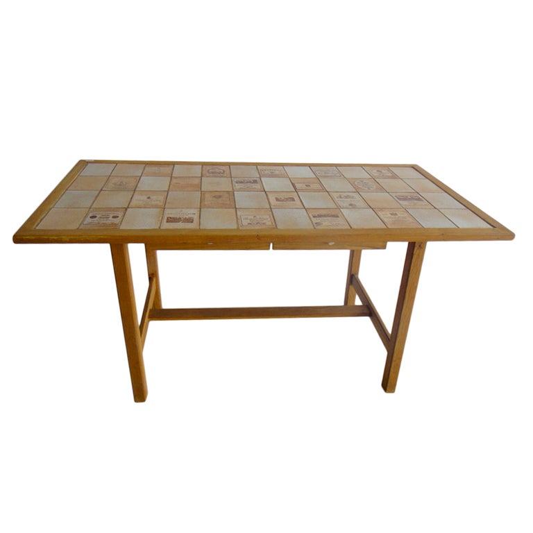 Mid-Century Oak Table with Roger Capron Ceramic Tiles
