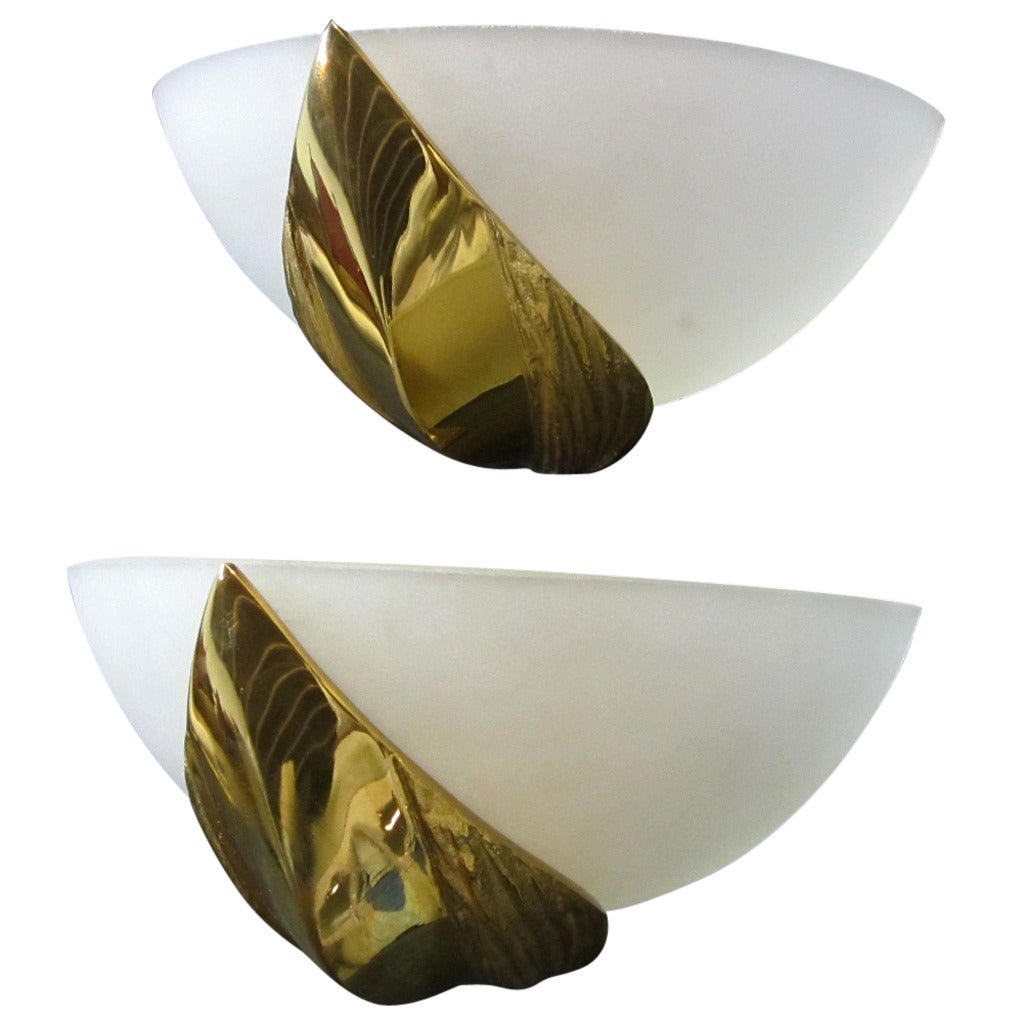 Midcentury Maison Charles Pair of Sconces in Glass and Bronze