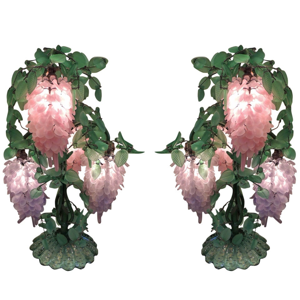 Pair of 20th C Murano Glass Wisteria Lamps