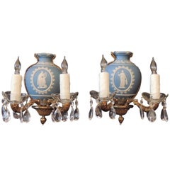 Early 20th C English Wedgwood and Bronze Sconces