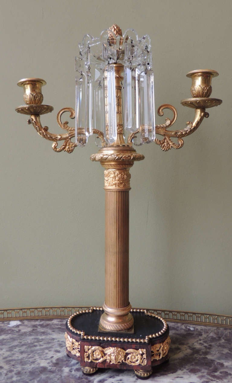 Empire Pair of early 19th C French Crystal and Bronze Doré Candelabras
