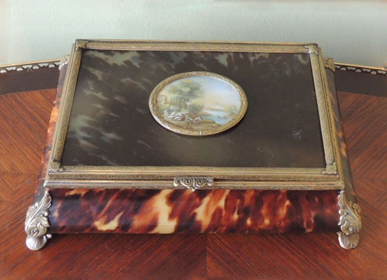 19th Century French Tortoise Shell Box with Bronze Detail and Miniature Painting on Ivory In Good Condition In Charleston, SC