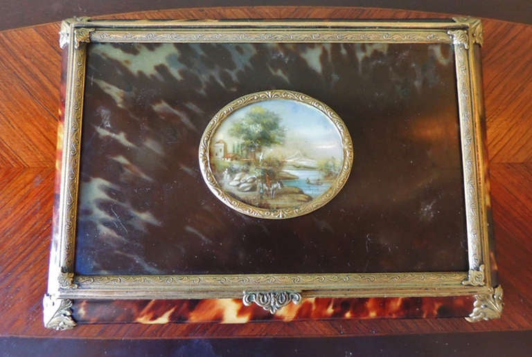 19th Century French Tortoise Shell Box with Bronze Detail and Miniature Painting on Ivory 1