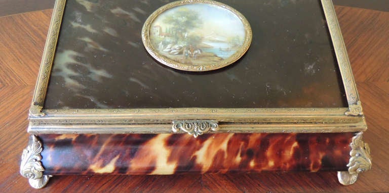 19th Century French Tortoise Shell Box with Bronze Detail and Miniature Painting on Ivory 3