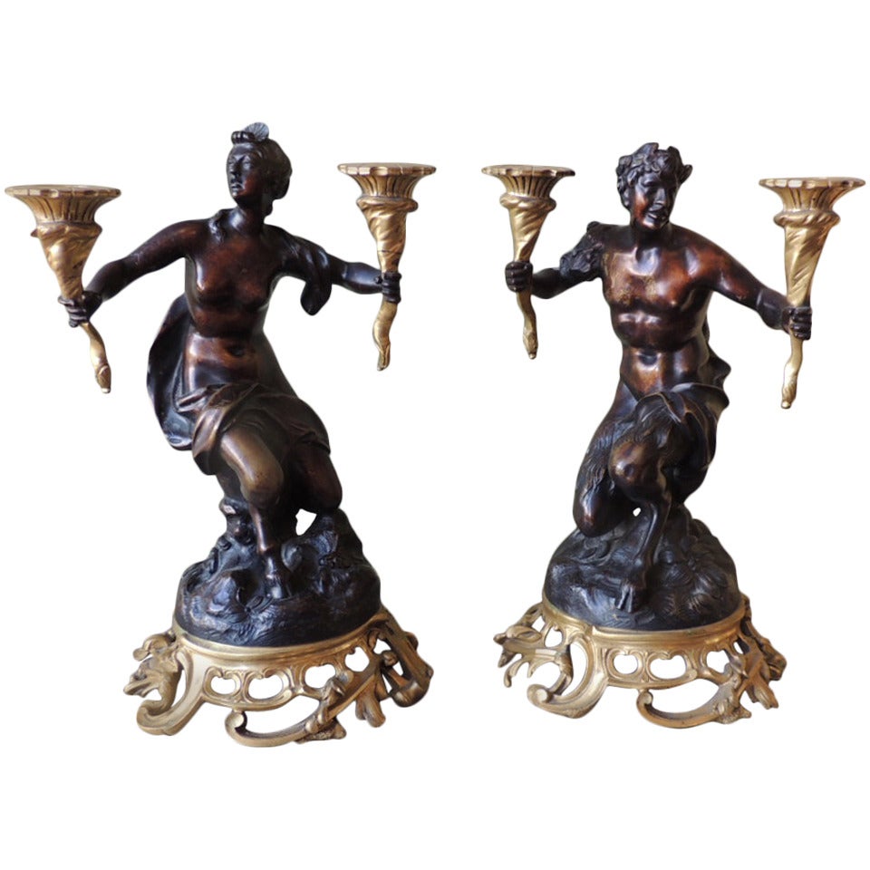 Pair of 18th C French Patinated Bronze Candelabras
