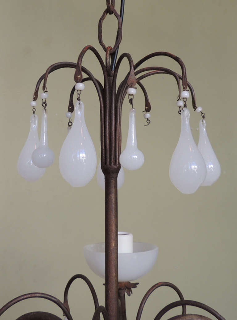 20th C American Milk Glass and Brass Chandelier In Excellent Condition In Charleston, SC
