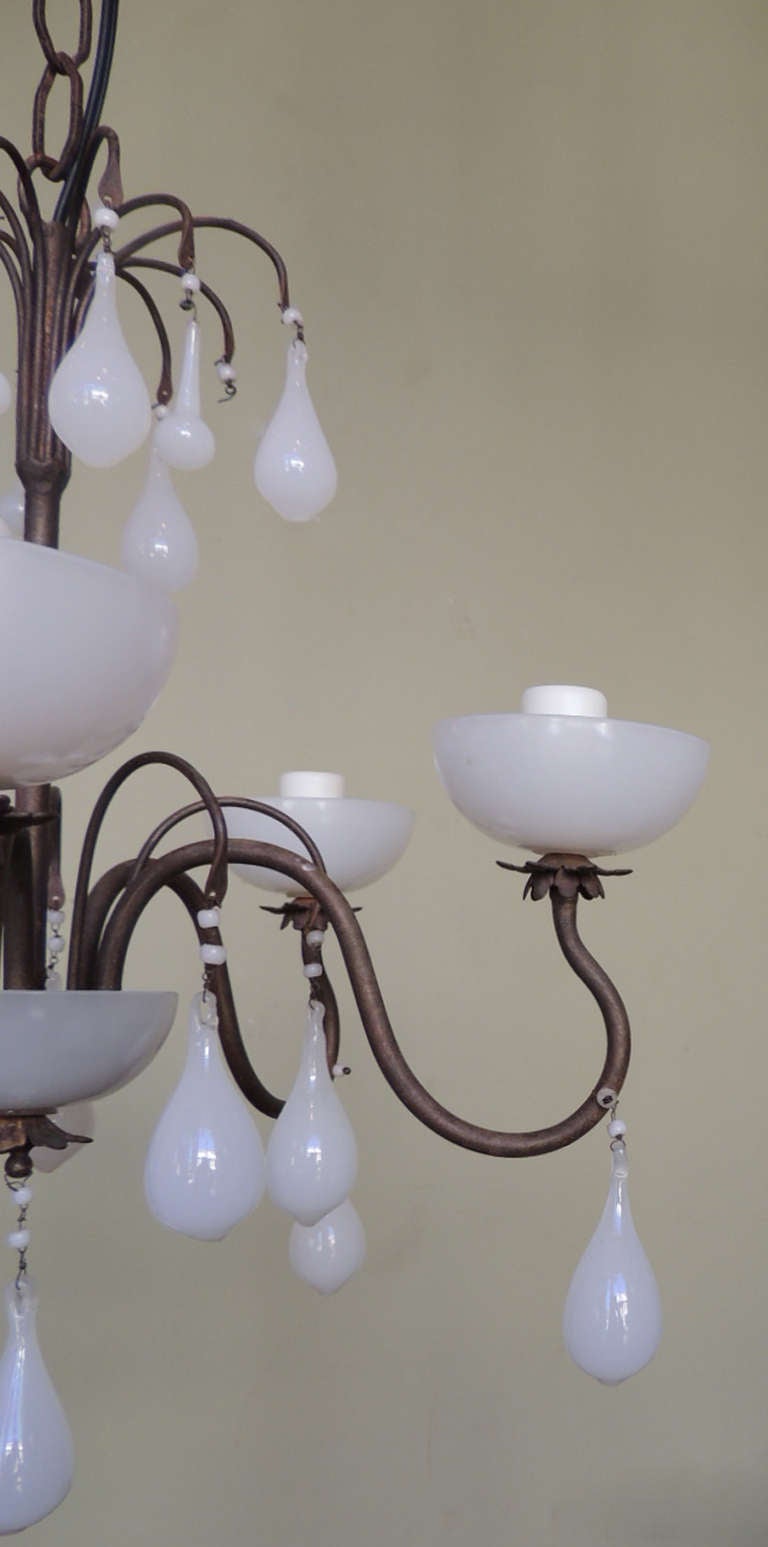 20th Century 20th C American Milk Glass and Brass Chandelier