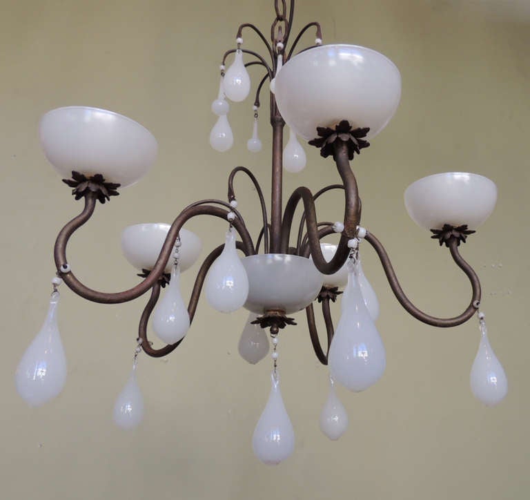20th C American Milk Glass and Brass Chandelier 1