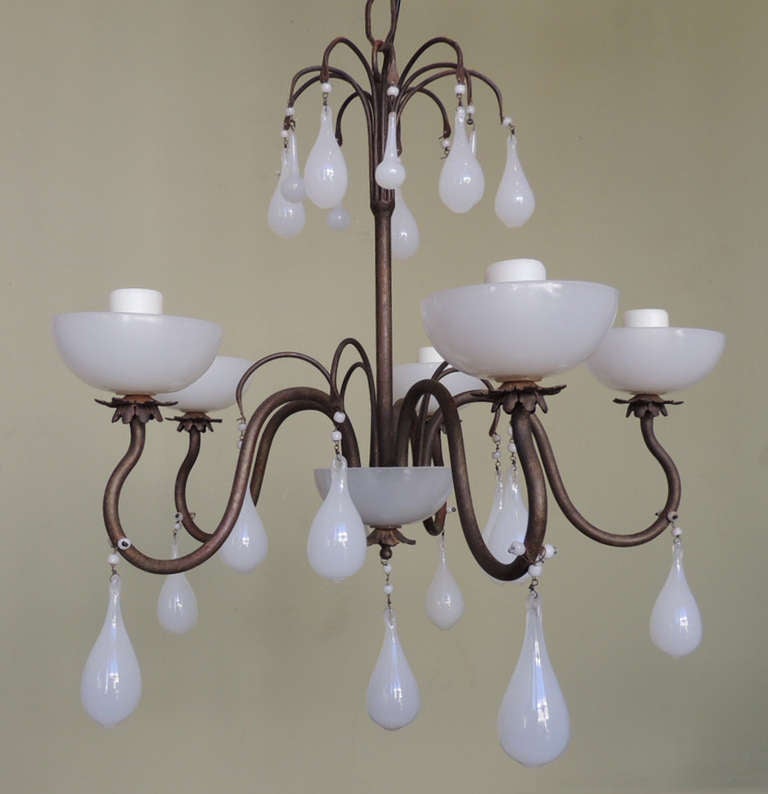 20th C American Milk Glass and Brass Chandelier 3