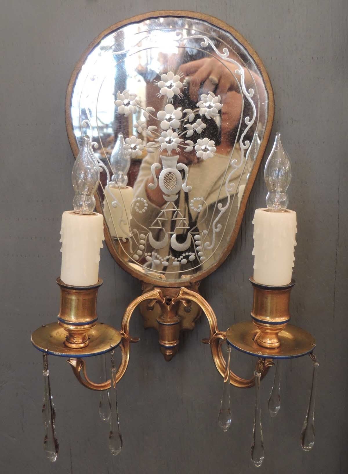 Early 20th C American Bronze Dore and Etched Mirrored Sconces 5