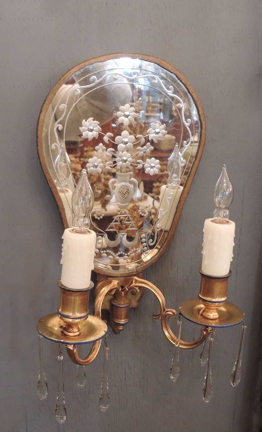 Queen Anne Early 20th C American Bronze Dore and Etched Mirrored Sconces