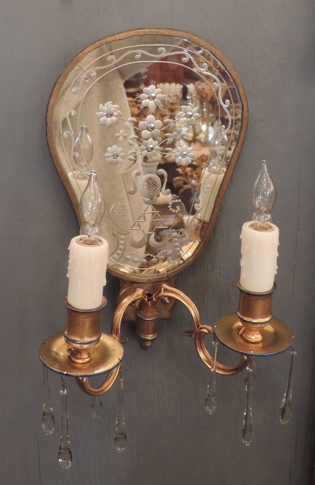 Early 20th C American Bronze Dore and Etched Mirrored Sconces 4