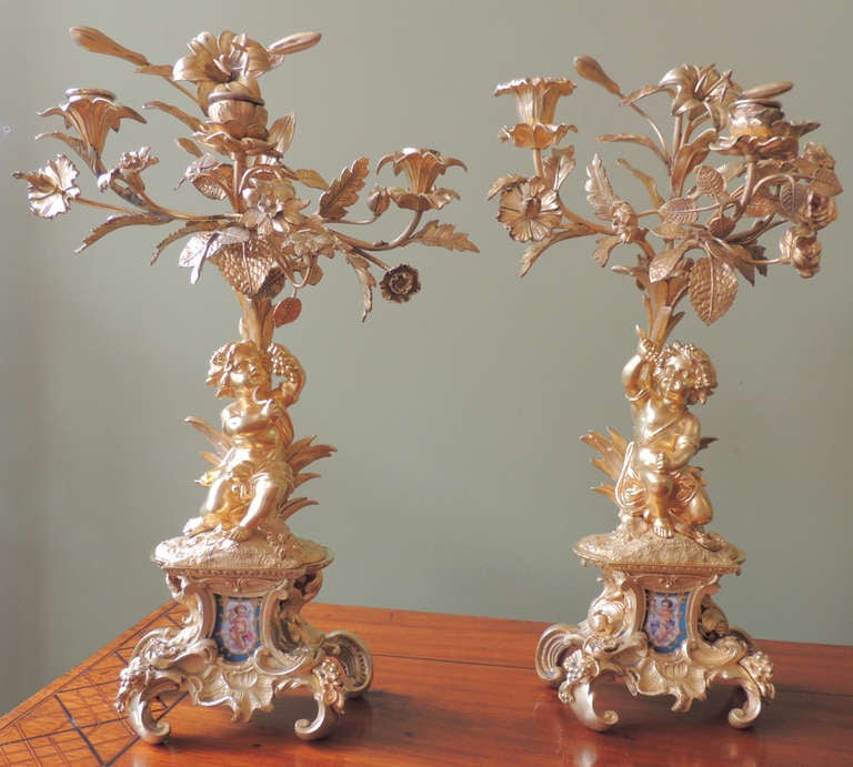 A pair of French candelabras from the 1850s. Both feature portraits of Putti on sèvres, three candle arms, and decorative flowers and foliage.