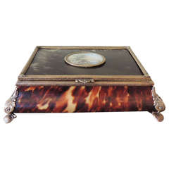 Antique 19th Century French Tortoise Shell Box with Bronze Detail and Miniature Painting on Ivory