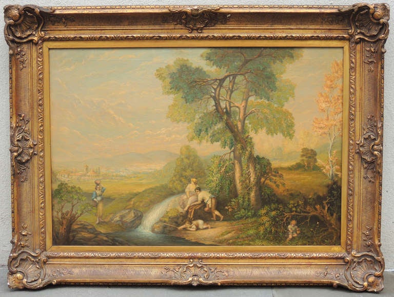 A late-19th century oil on canvas signed by Arthur Bray. This Italian
painting depicts a sleepy provincial town and men and women reclining by a stream in the woods. 