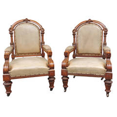 19th C Pair of English Leather Library Chairs 11