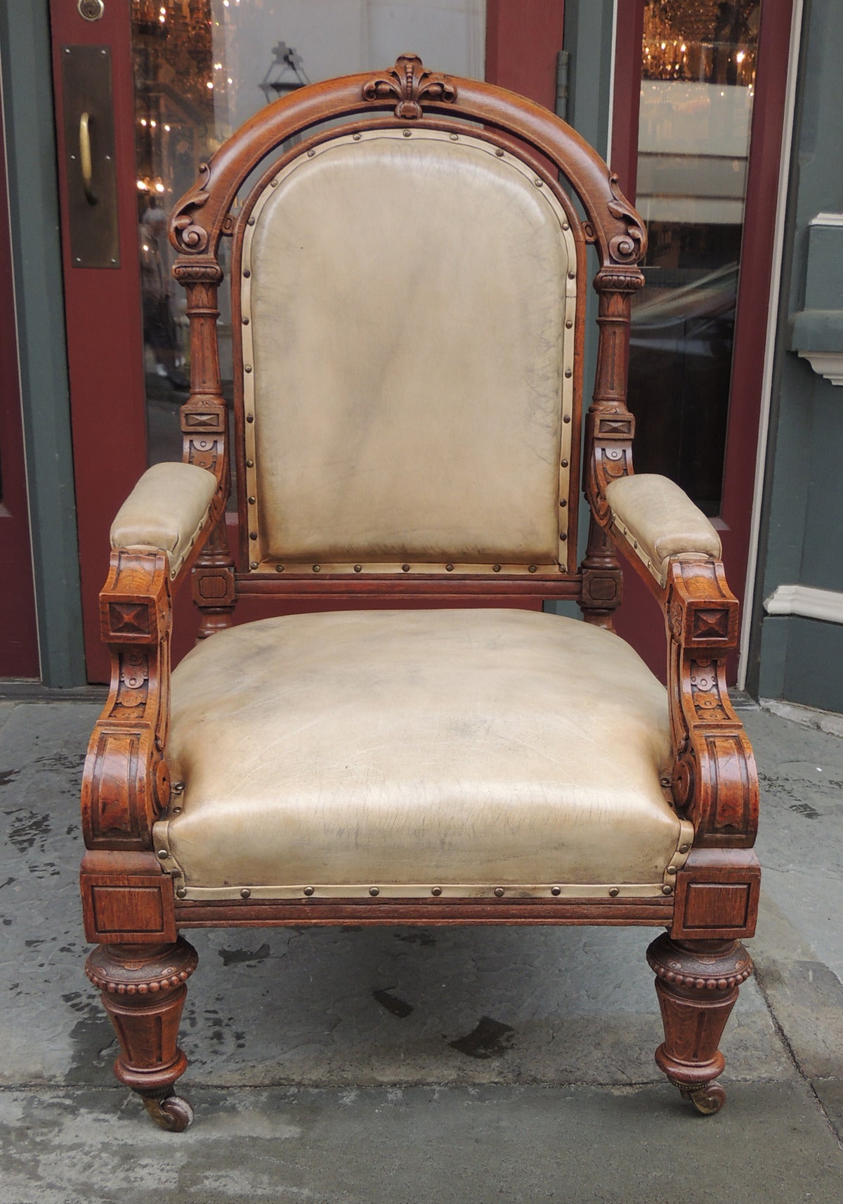 19th Century Pair of English Leather Library Chairs In Excellent Condition In Charleston, SC