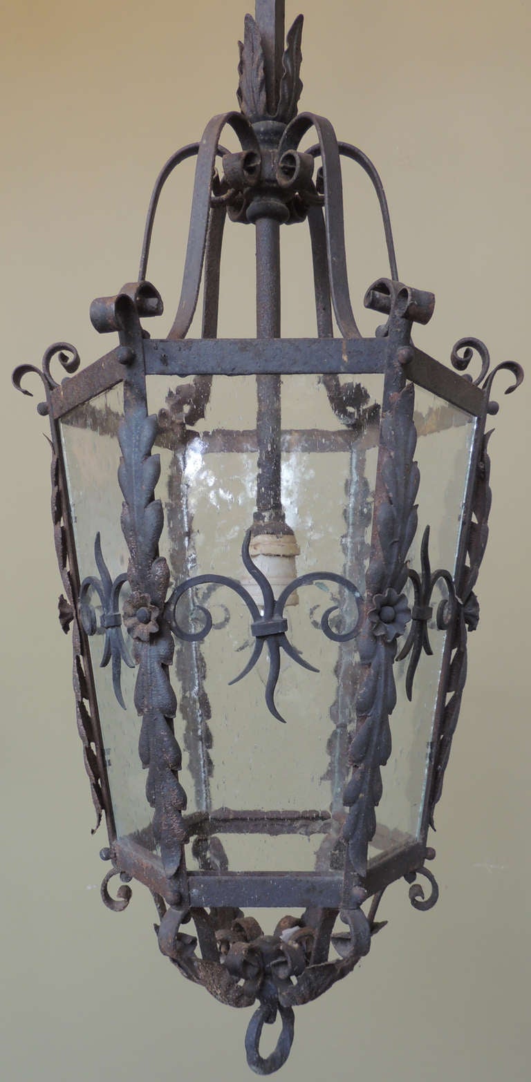 Glass Late 19th Century French Gothic Hand-Wrought Iron Lantern
