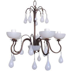 20th C American Milk Glass and Brass Chandelier
