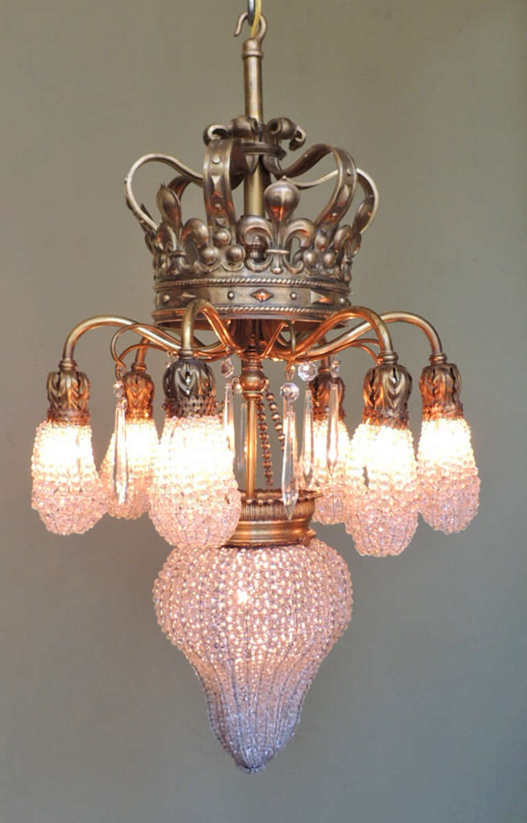 French Provincial Early 20th C French Moroccan Bronze and Crystal Bead Chandelier