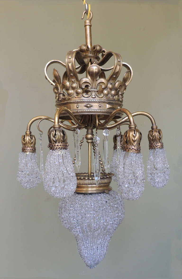 Early 20th C French Moroccan Bronze and Crystal Bead Chandelier In Excellent Condition In Charleston, SC