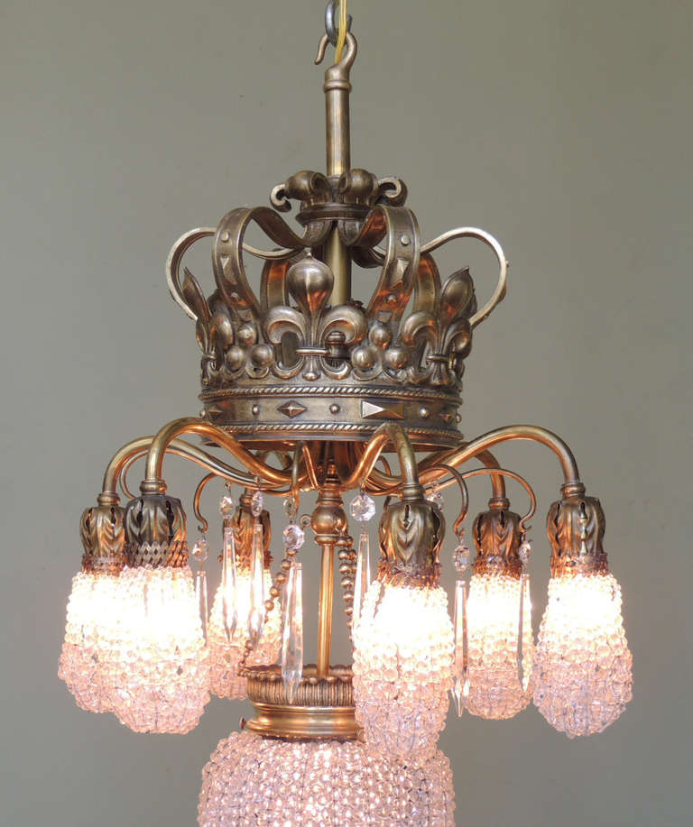 20th Century Early 20th C French Moroccan Bronze and Crystal Bead Chandelier