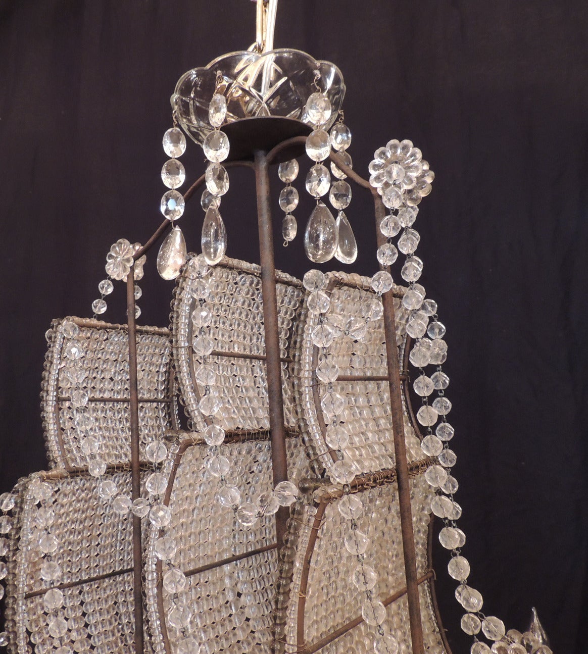 Early 1900s Venetian Crystal, Iron and Tole Ship Chandelier 1