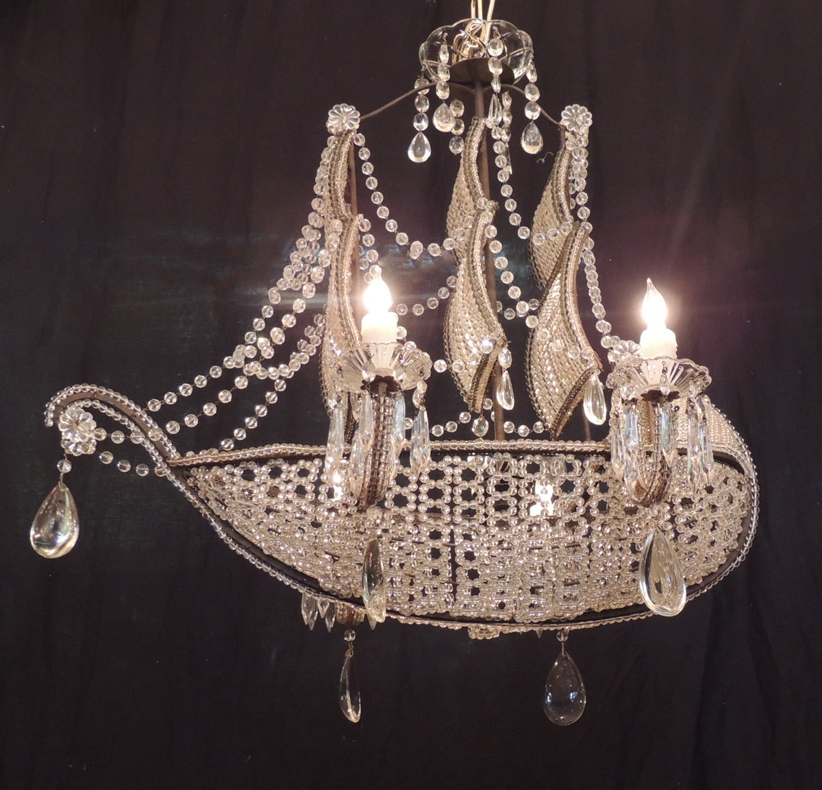 Early 1900s Venetian Crystal, Iron and Tole Ship Chandelier 3