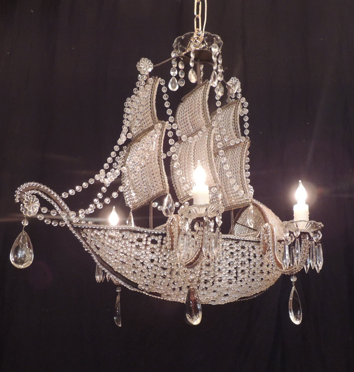 Early 1900s Venetian Crystal, Iron and Tole Ship Chandelier 4