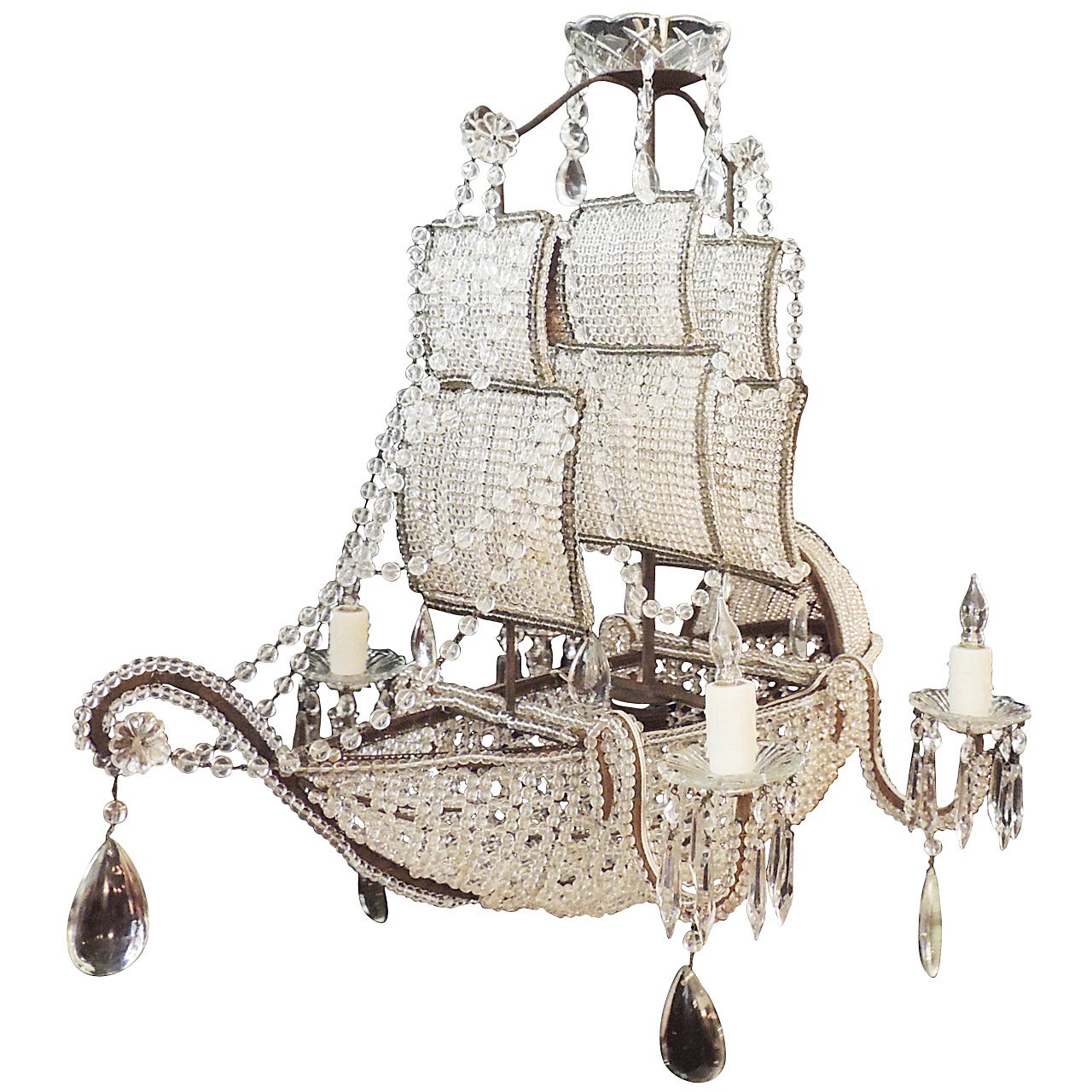 Lustre vénitien du début du XXe siècle en cristal:: fer et tôle de bateau