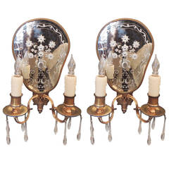 Early 20th C American Bronze Dore and Etched Mirrored Sconces