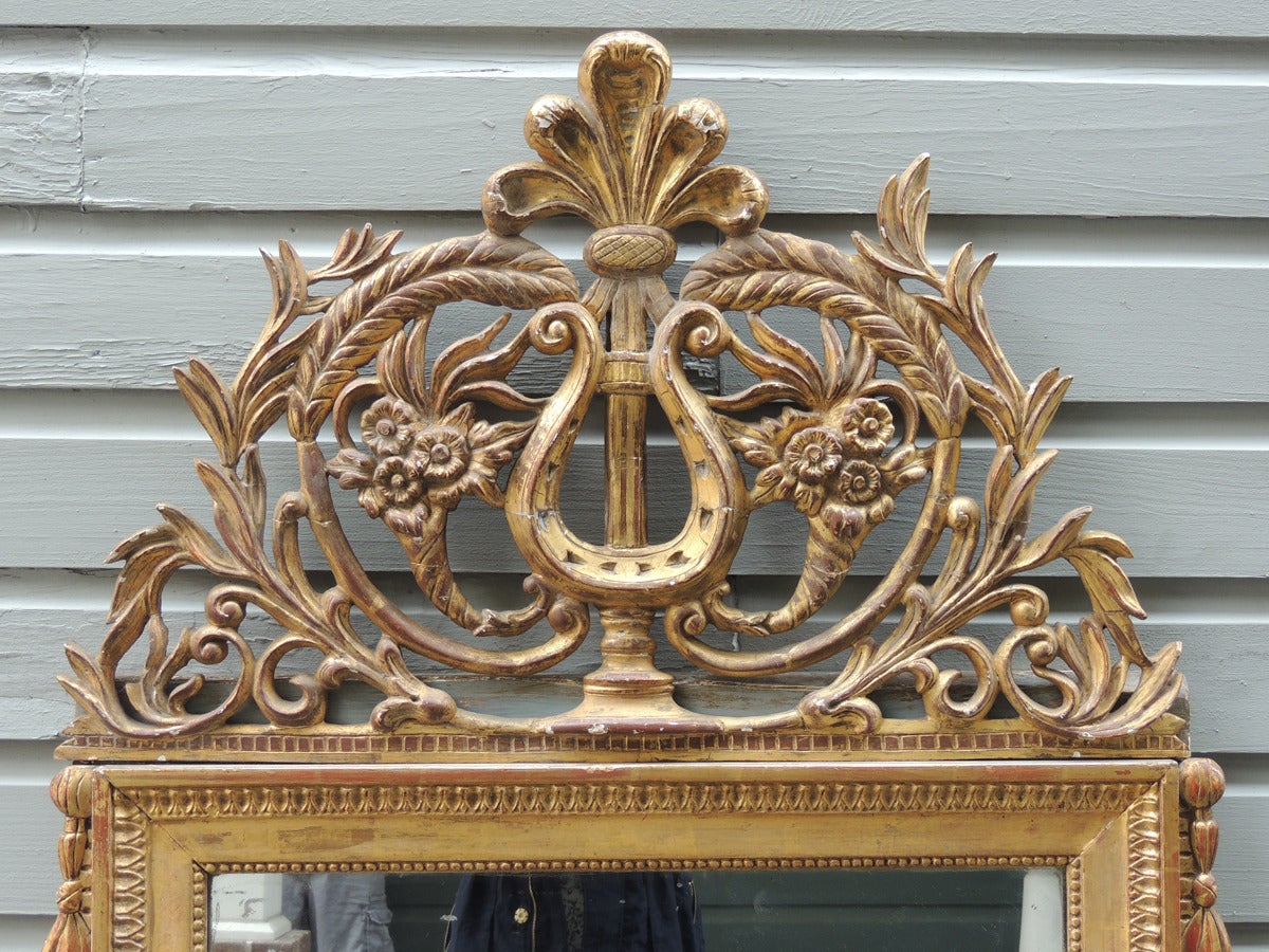 This intricate mirror was made in Italy during the late-18th Century, circa 1790. This piece features a gilt carved crest with central feather plume and lyre surrounded by two floral cornucopias. The rest of the crest is decorated with foliage,