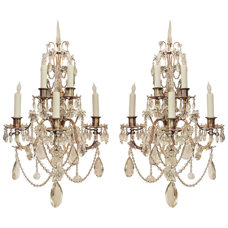 Pair of 19th C French Bronze and Crystal Sconces