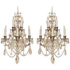 Pair of 19th C French Bronze and Crystal Sconces