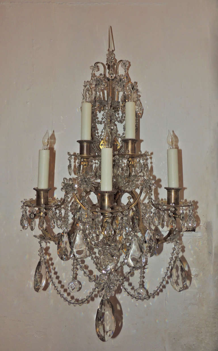 Baroque Revival Pair of 19th C French Bronze and Crystal Sconces