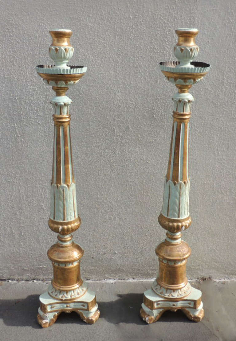 These unique pieces are wood covered with gilt and light blue paint. The middle part of these pieces resembles a column stature with ribbed design that is highlighted by the two colors. The bottom of these prickets features a tripod base with scroll