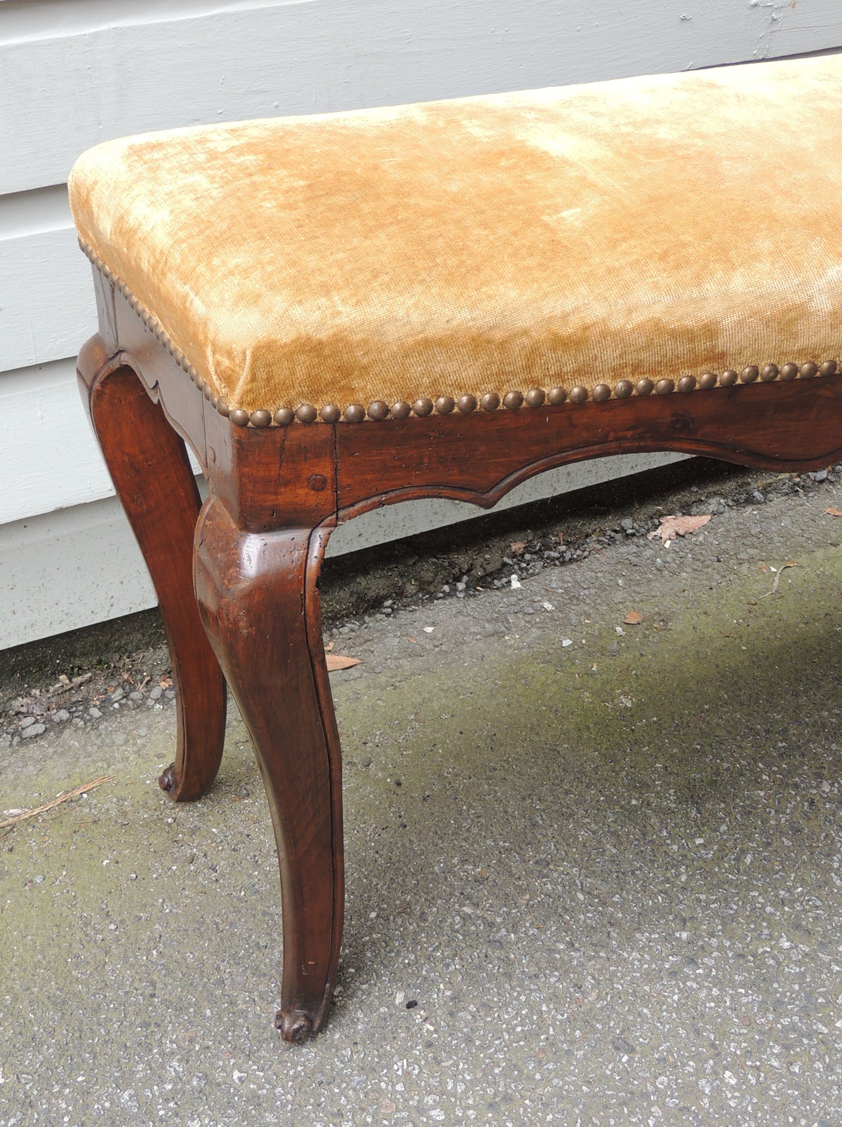 Baroque Pair of 18th and 19th C Italian Curved Walnut Velvet Benches For Sale