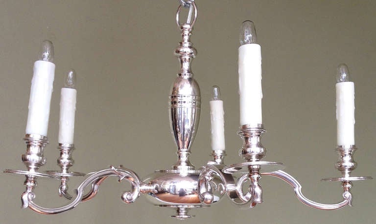 Queen Anne Early 20th C English Sheffield Silver Five-Arm Chandelier