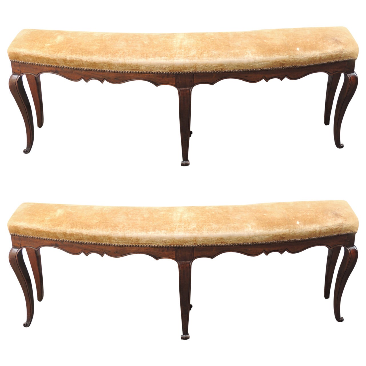 Pair of 18th and 19th C Italian Curved Walnut Velvet Benches For Sale