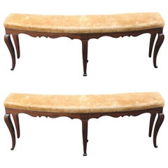Pair of 18th and 19th C Italian Curved Walnut Velvet Benches